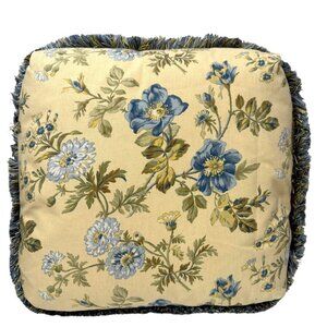 Floral Accent Pillow Yellow Blue Fringe Zippered Cover w/ Insert 19"